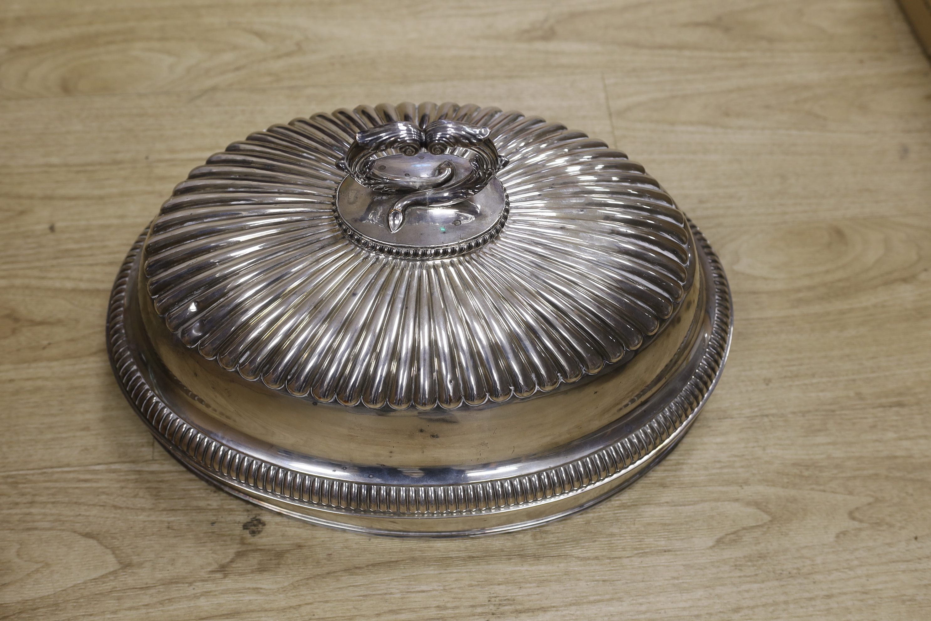 A silver plated oval meat dish cover, 48cm wide